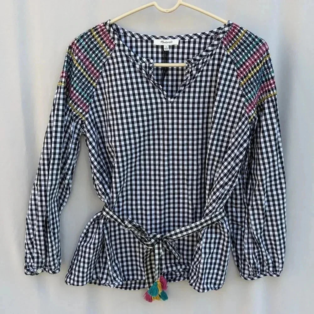 Madewell Smocked Gingham Blouse Small Boho Festival Black White Smocked Peasant